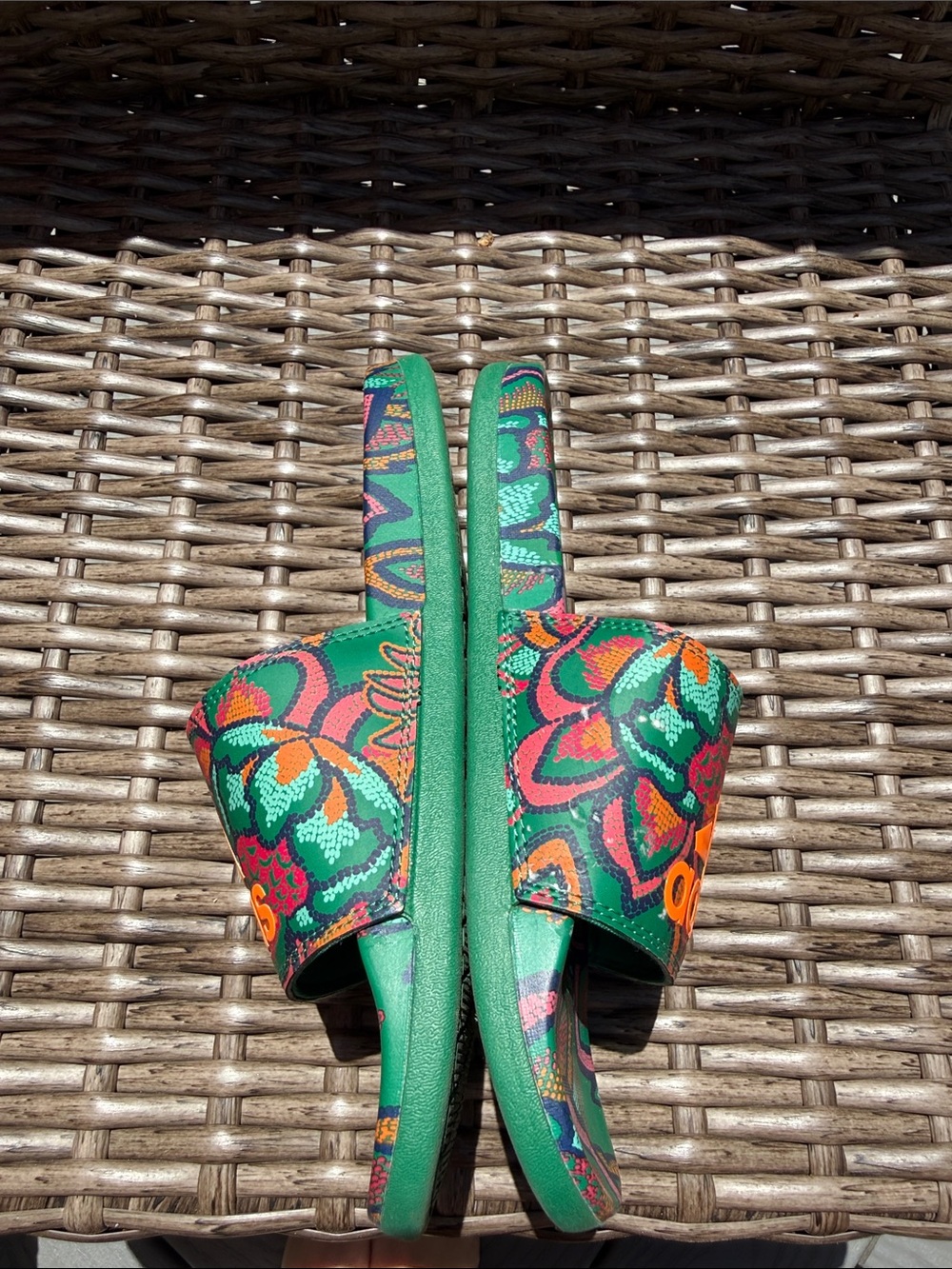 adidas Women’s Green Floral Slide Sandals with Orange Logo - Picture 2 of 4
